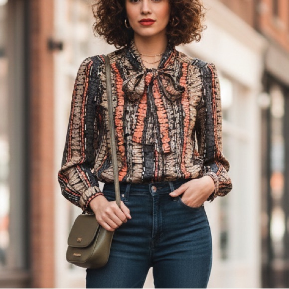 Vintage Tops - Vintage D’Allaird’s Tie-Neck Blouse | Abstract Earth Tones | Size 14